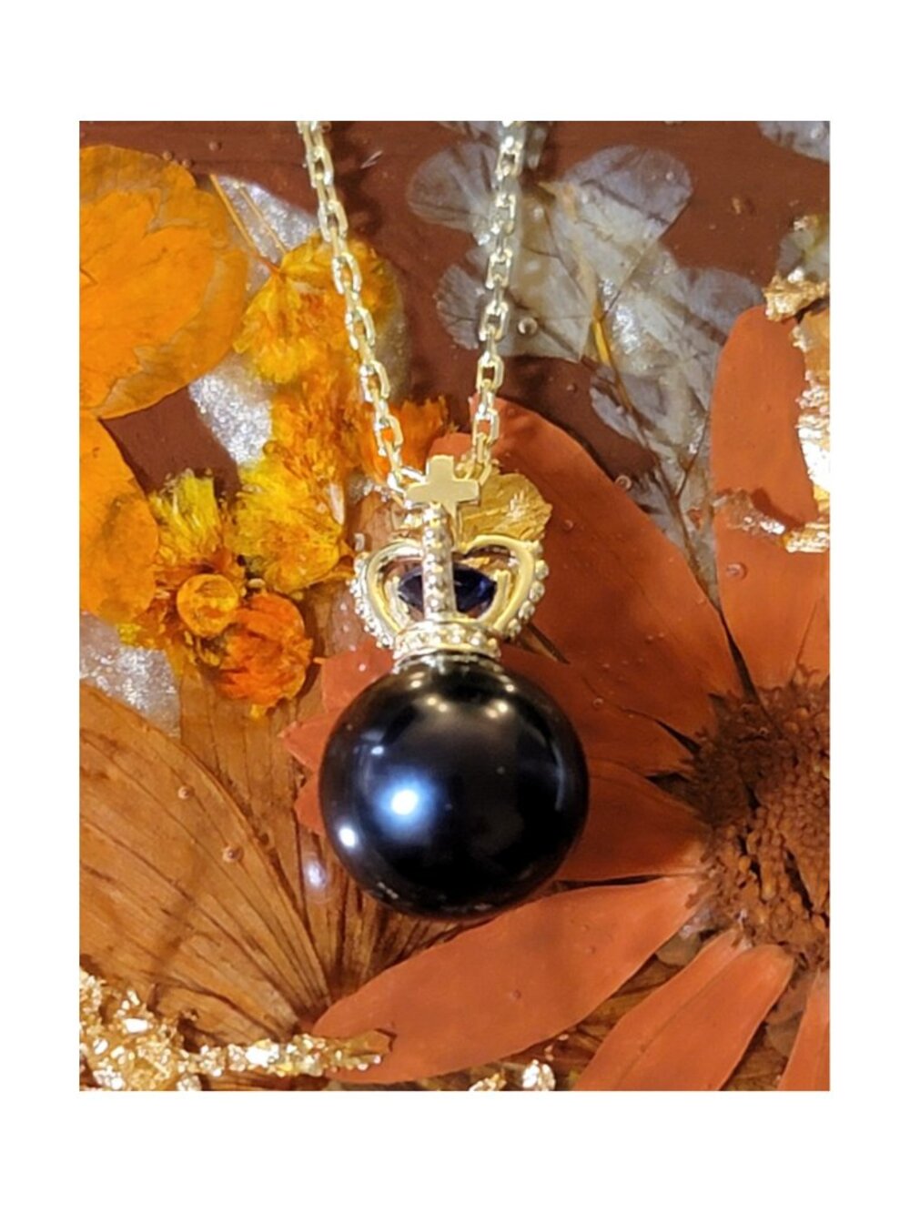 Sterling Silver Crown Black Pearl Necklace Blue Sapphire Accent NWT